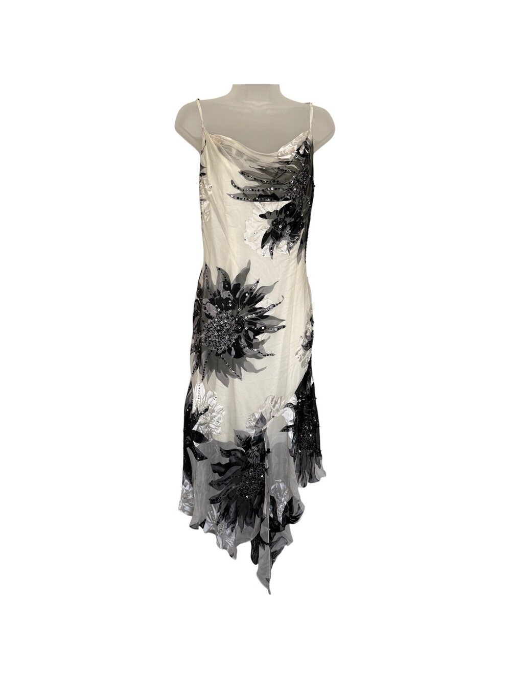 Cache Black & White Beaded Floral Silk Formal Dress Size 10